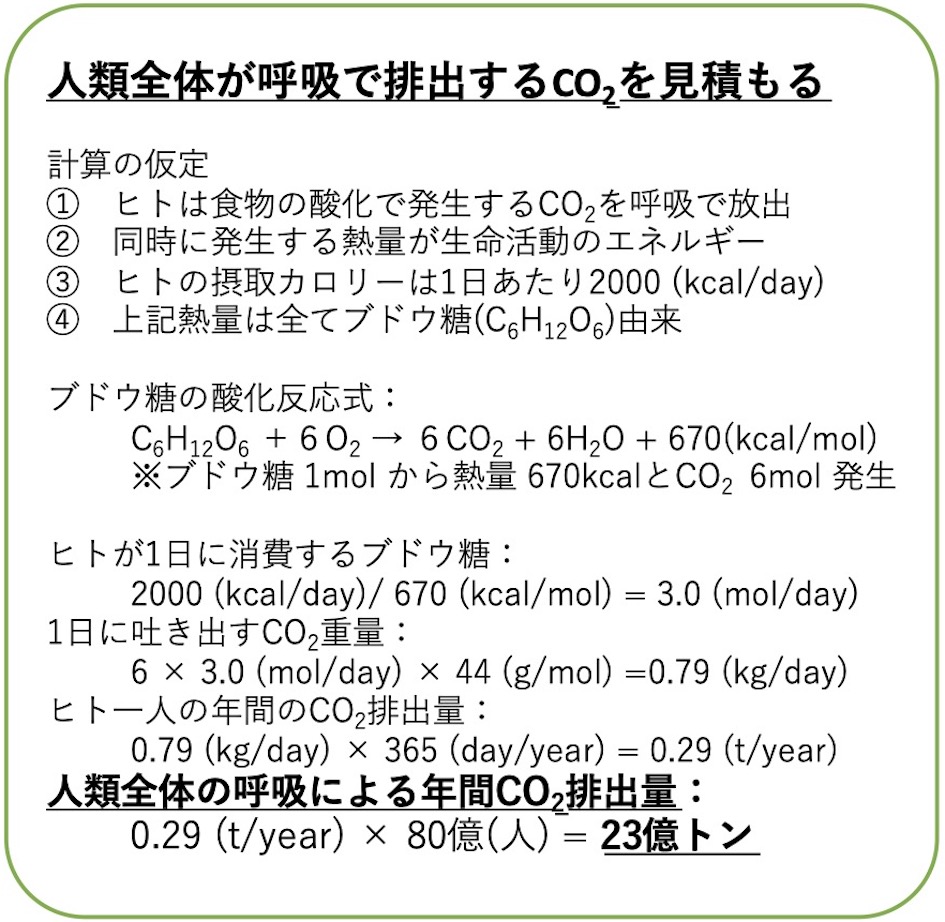 人類全体の呼吸による年間CO2排出量は23億トン
